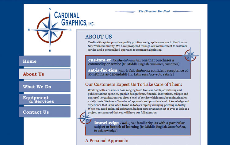 Cardinal Graphics About Page: About page featuring definitions of common customer service terms