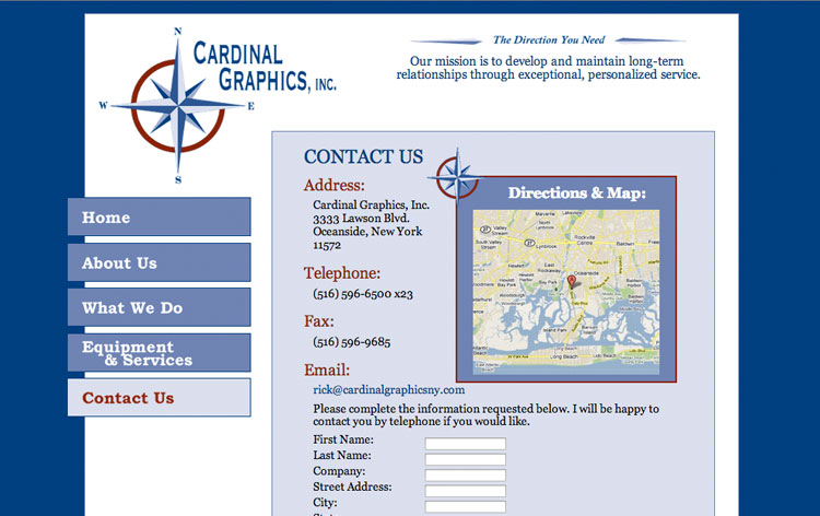 Cardinal Graphics Contact Page: Provides a map and a contact form