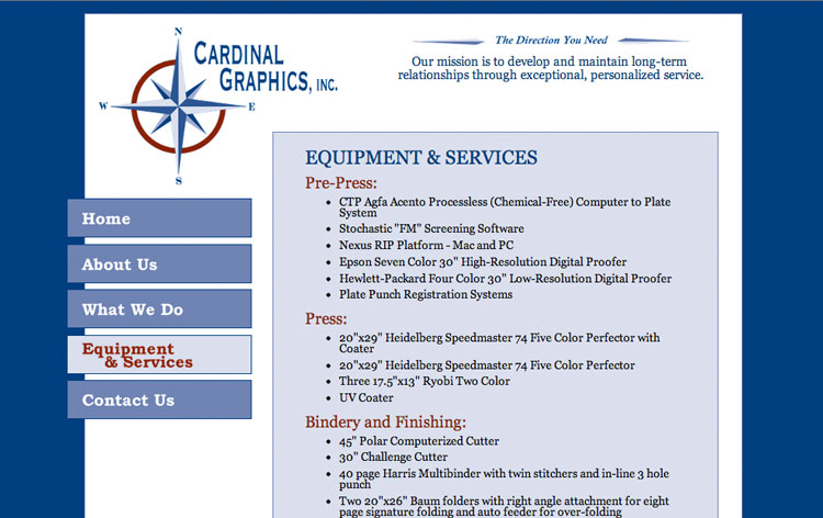 Cardinal Graphics Equipment Page: Details the equipment they have available