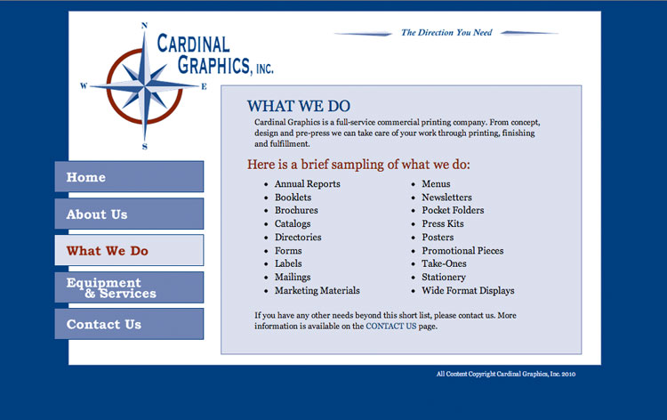 Cardinal Graphics Services Page: Lists services they provide as a commercial printer