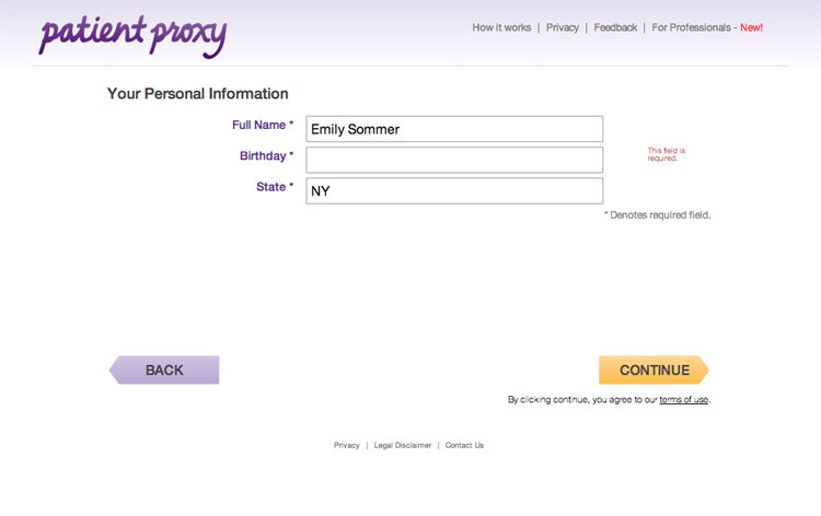 Patient Proxy Form Begins: User enters name, birthdate and state is auto-filled from map, but can be changed here