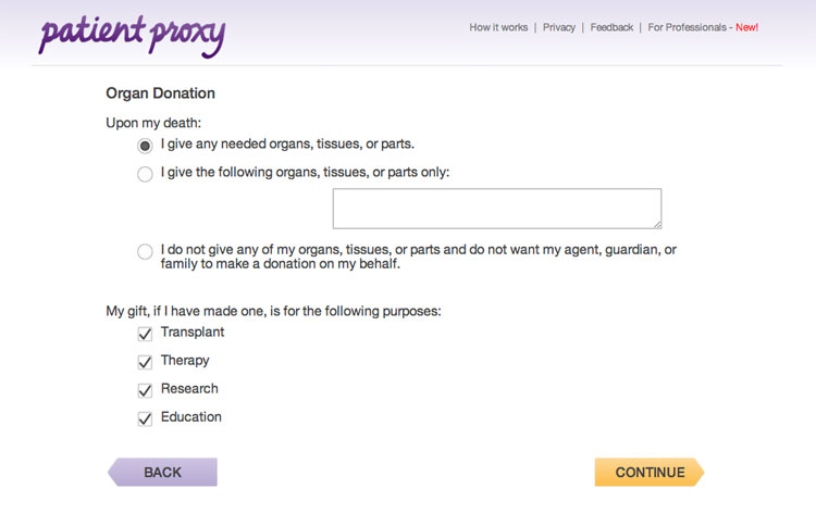 Patient Proxy Form (Organ Donation): User may choose their organ donation preferences
