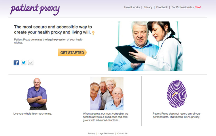 Patient Proxy Landing Page: Welcomes users, photos of old people, begin button