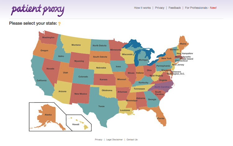 Patient Proxy Map Page: First step of completing proxy, user selects his or her U.S. State