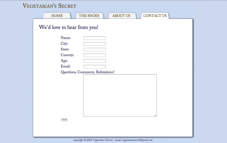 Contact Form Page for Vegetarian's Secret